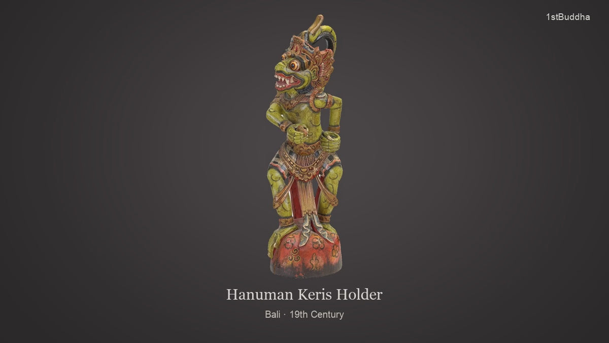 Productvideo van Antiek handgesneden houten Hanuman tempelwaker Kris-houder 19 eeuw, met beelden van het object en details van het oppervlak en de decoratie.