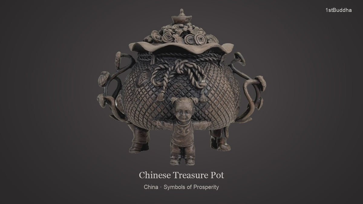 Productvideo van Chinees Bronzen Wierookvat met Kinderen en Gelukssymbolen *Gelukspot, met beelden van het object en details van het oppervlak en de decoratie.
