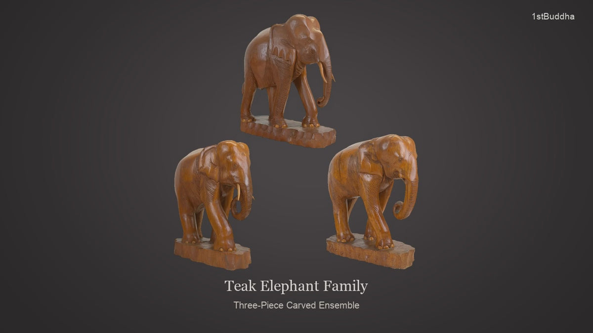 Productvideo van Monumentale 3-Delige Handgesneden Teakhouten Olifantenfamilie – (23,2 kg), met beelden van het object en details van het oppervlak en de decoratie.