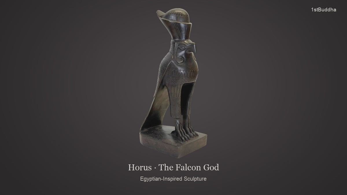 Productvideo van Zwaar Beeld van Horus de Valkengod, Egypte-stijl, met beelden van het object en details van het oppervlak en de decoratie.