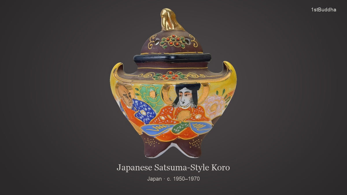 Productvideo van Vintage Japanse Satsuma-stijl Porseleinen Koro met Dai Nippon Merk – Midden 20e Eeuw, met verschillende aanzichten en details van het object, oppervlak en decoratie.
