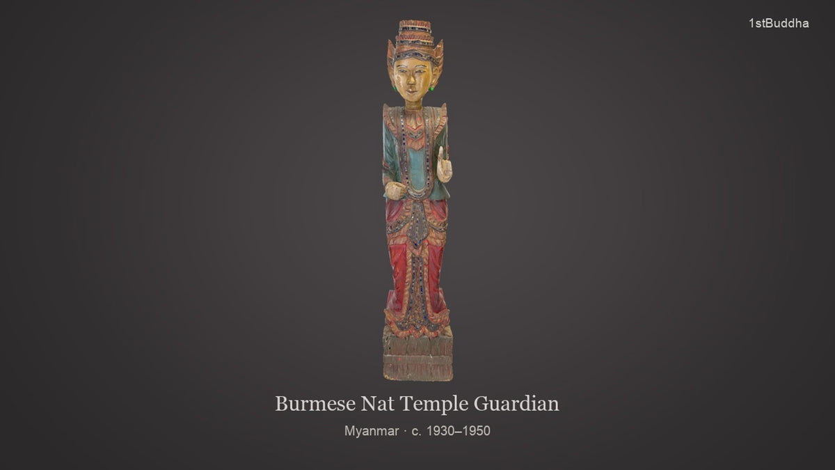 Productvideo van Staande Birmese Nat-Geest Deva – Mandalay Stijl Myanmar ca. 1930–1950, met beelden van het object en details van het oppervlak en de decoratie.