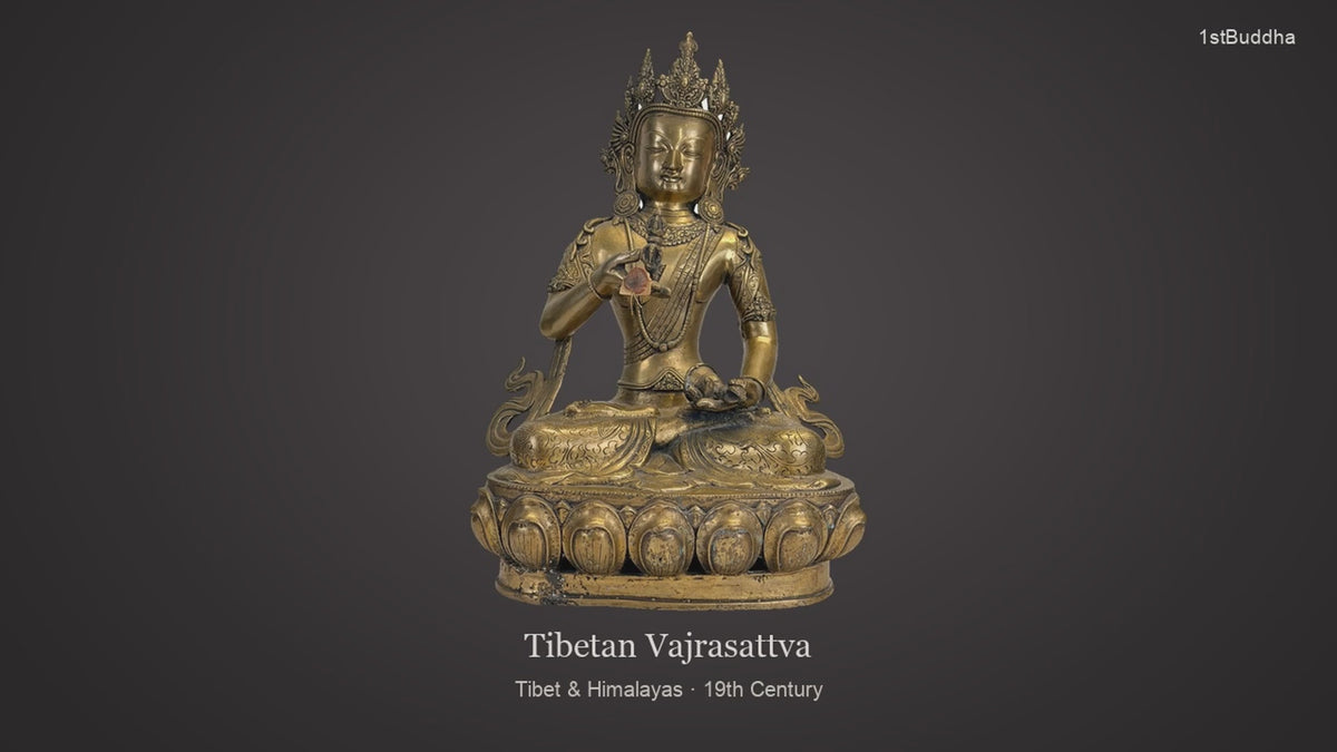 Productvideo van Monumentaal Tibetaans Vajrasattva Beeld – Vuurverguld Brons met Newar Invloed & Nepalees Keur-/Exportzegel – 19e eeuw – 40,5 cm, met beelden van het object en details van het oppervlak en de decoratie.