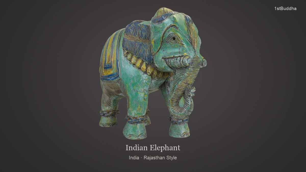 Productvideo van Handgesneden Indiase Olifant van Hout – Rajasthan Stijl met Decoratieve Patina, met beelden van het object en details van het oppervlak en de decoratie.