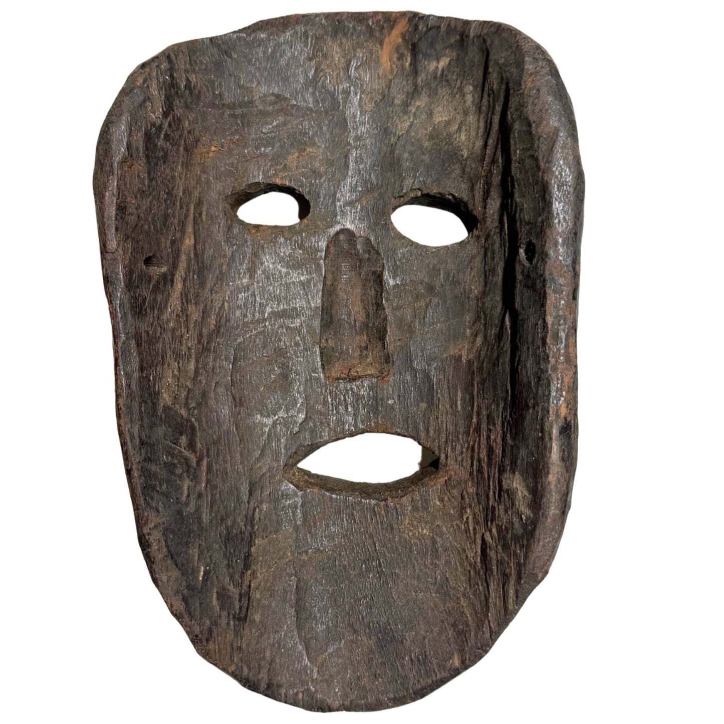 Primitive Holzmaske aus der Himalaya-Region, handgeschnitztes Ritualobjekt mit originalen Befestigungslöchern