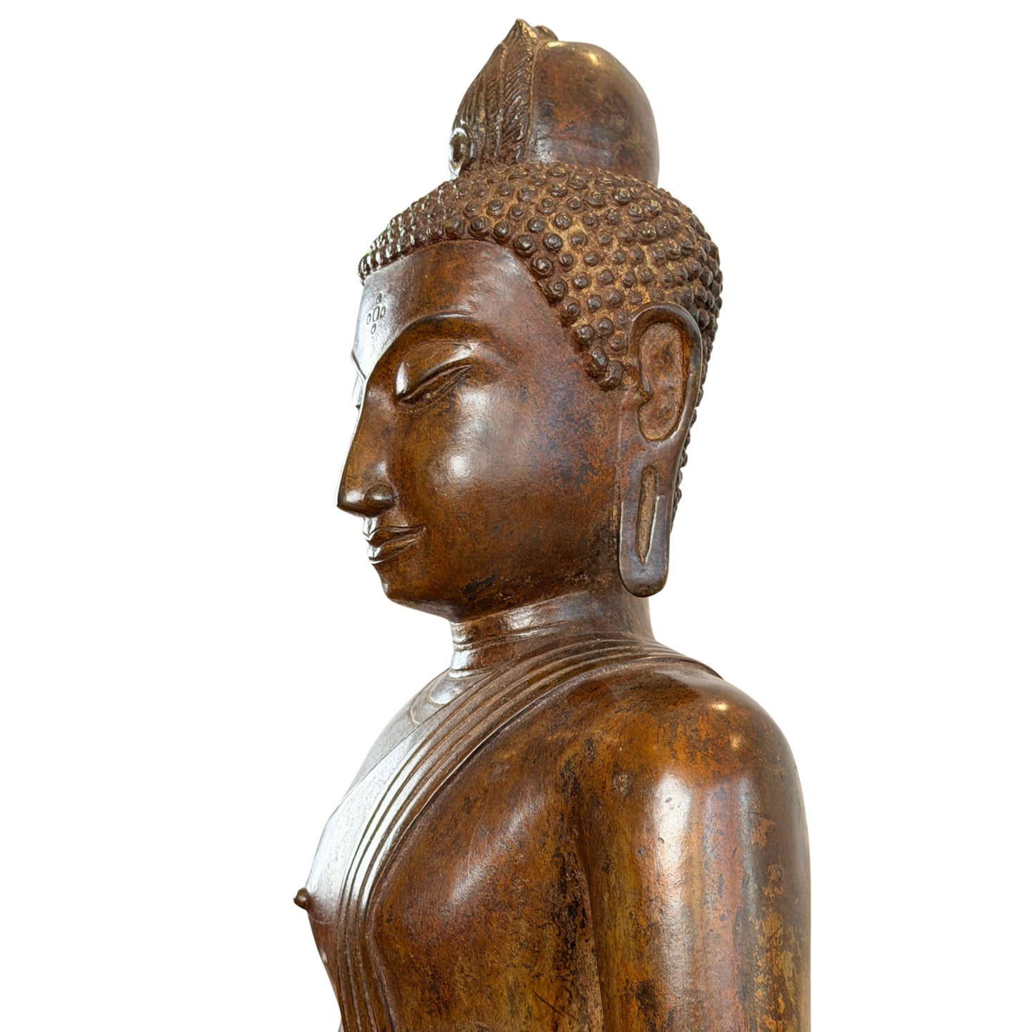 Profilansicht von Kopf und Oberkörper des Buddha Muchalinda mit langem Nasenrücken, langgezogenem Ohrläppchen und glatter Ushnisha unter der hohen Bekrönung