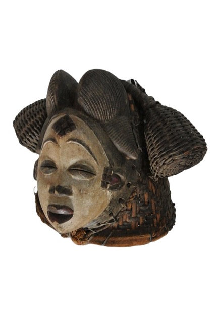 Authentische Punu-Maske aus Gabun, eine Kombination aus Holz und traditioneller Flechtkunst