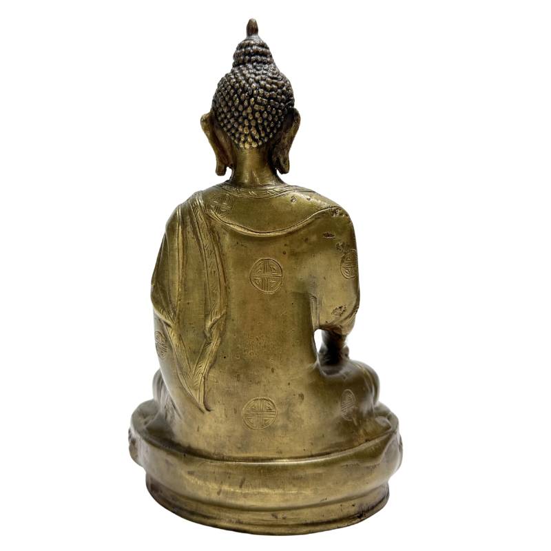 Detail eines Shou-Medaillons an einer chinesischen Buddha-Statue aus Bronze aus der Qing-Zeit