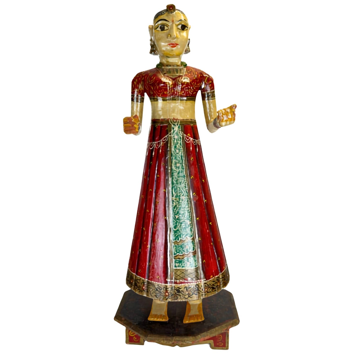 Große, handbemalte Holzstatue einer Braut aus Rajasthan mit rotem Rock, grünem Mittelband und traditionellen indischen Verzierungen