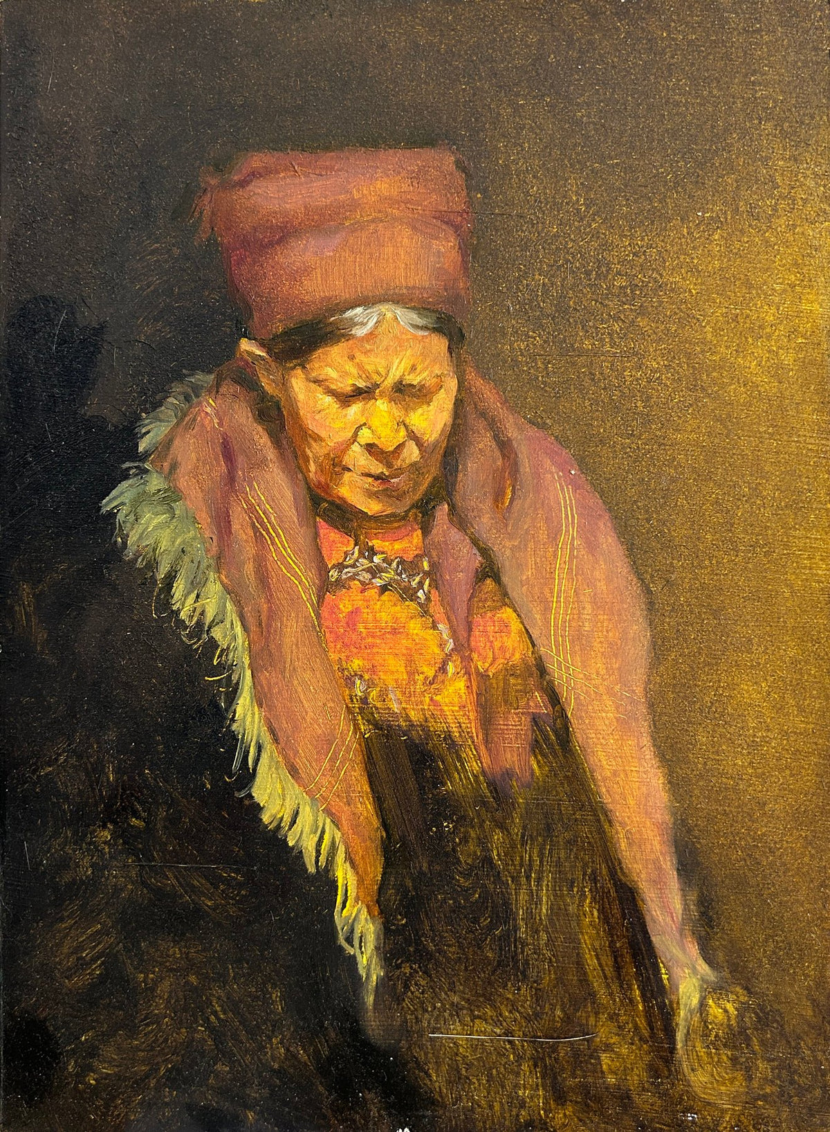 Übersicht über das Gemälde Portrait 001 von Li Feng, ausgeführt in warmen Gelb‑ und Rottönen auf Holz.