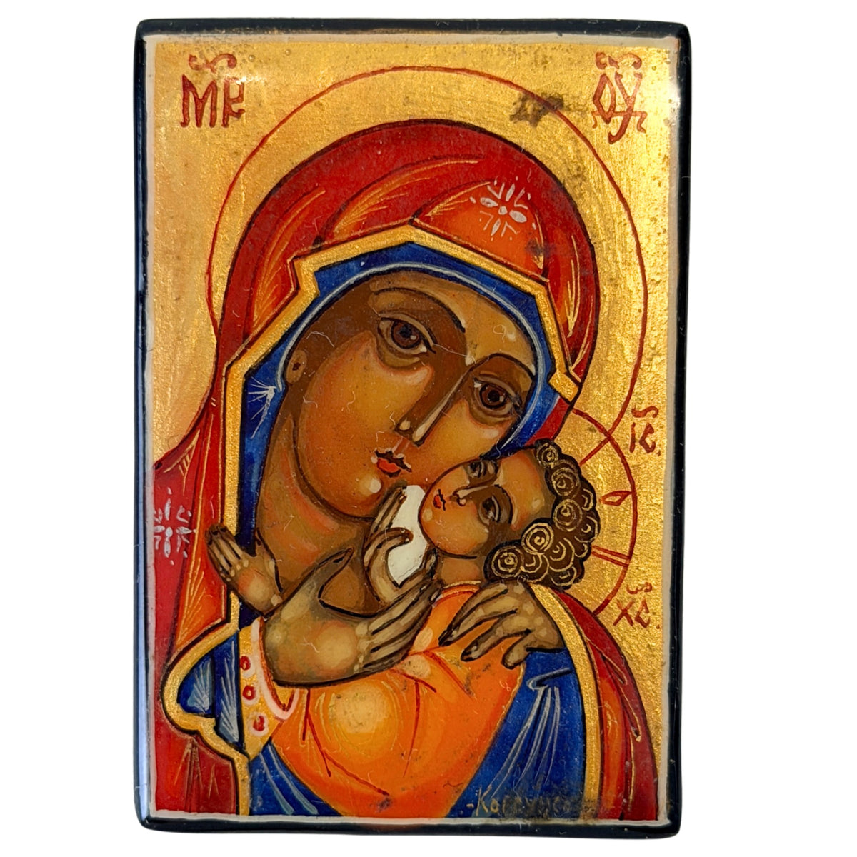 Russisch lakdoosje met handgeschilderde Maria en Christuskind