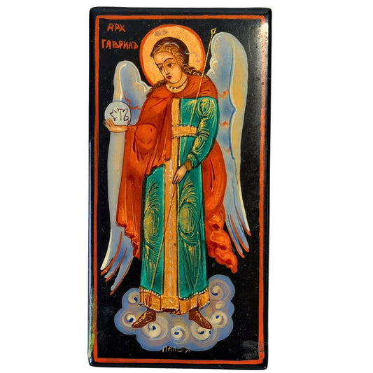 Russische Palekh-Lackdose mit handgemaltem Erzengel Gabriel