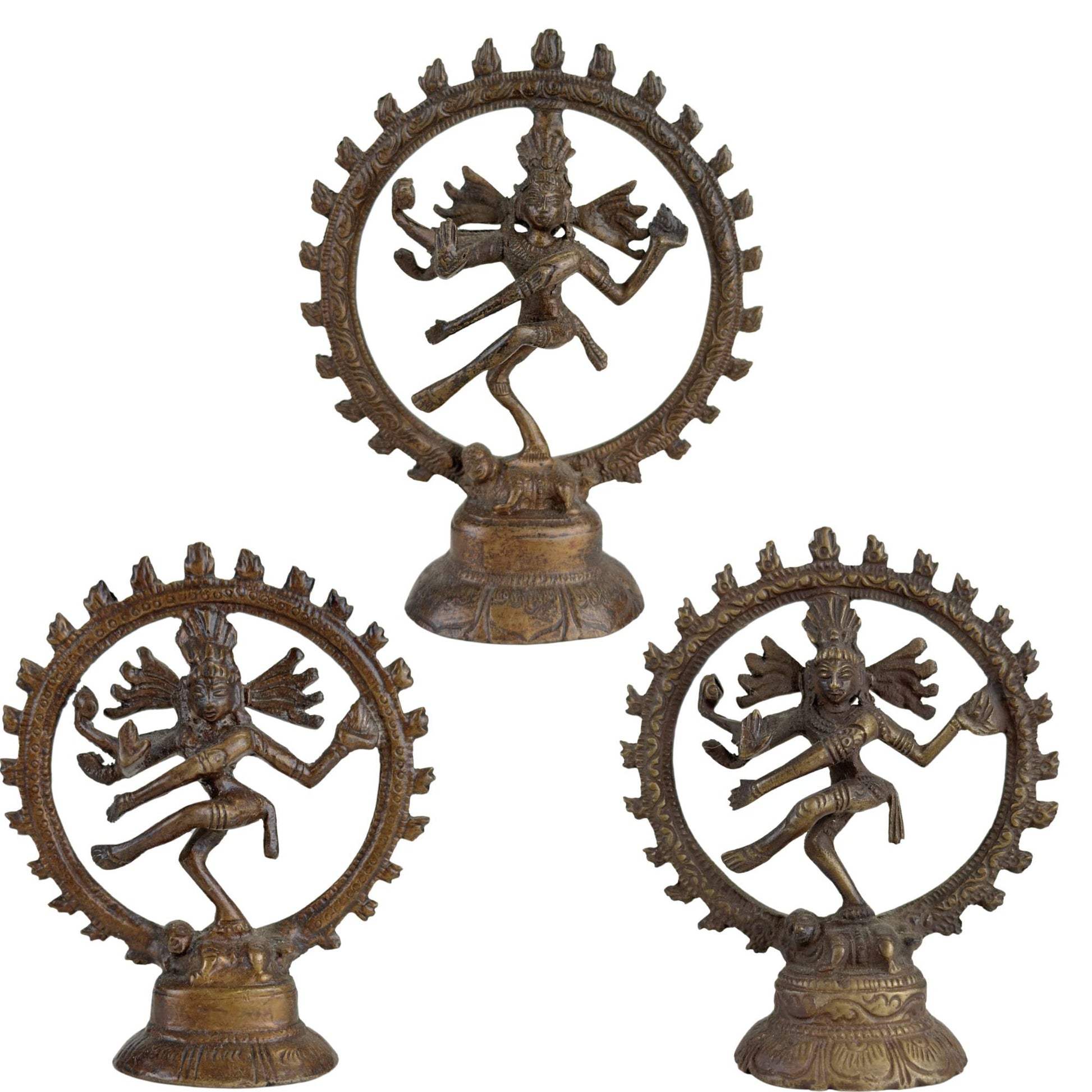 Set aus 3 kleinen Shiva Nataraja-Bronzestatuen aus Indien mit kosmischem Tanz und Flammenkranz