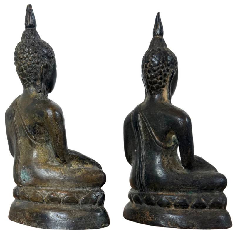 Set aus zwei handgegossenen Buddha-Statuen aus Bronze, antik, Thailand