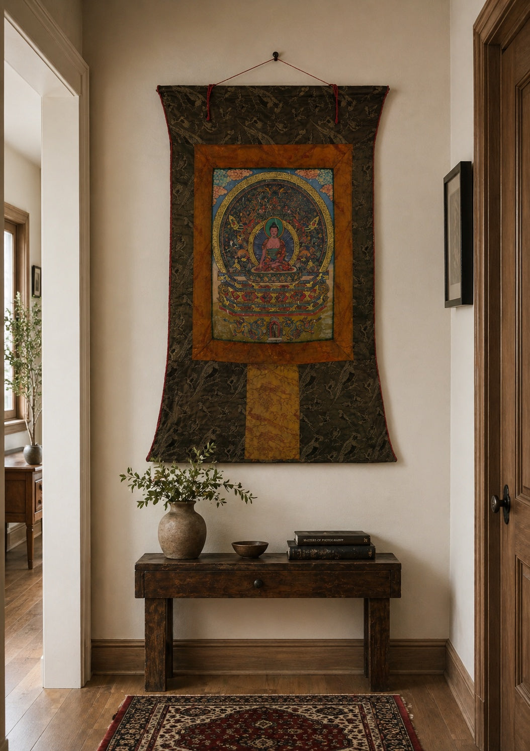 Vorderansicht einer Vintage-Shakyamuni-Buddha-Thangka aus den 1970er Jahren (76 x 54 cm)