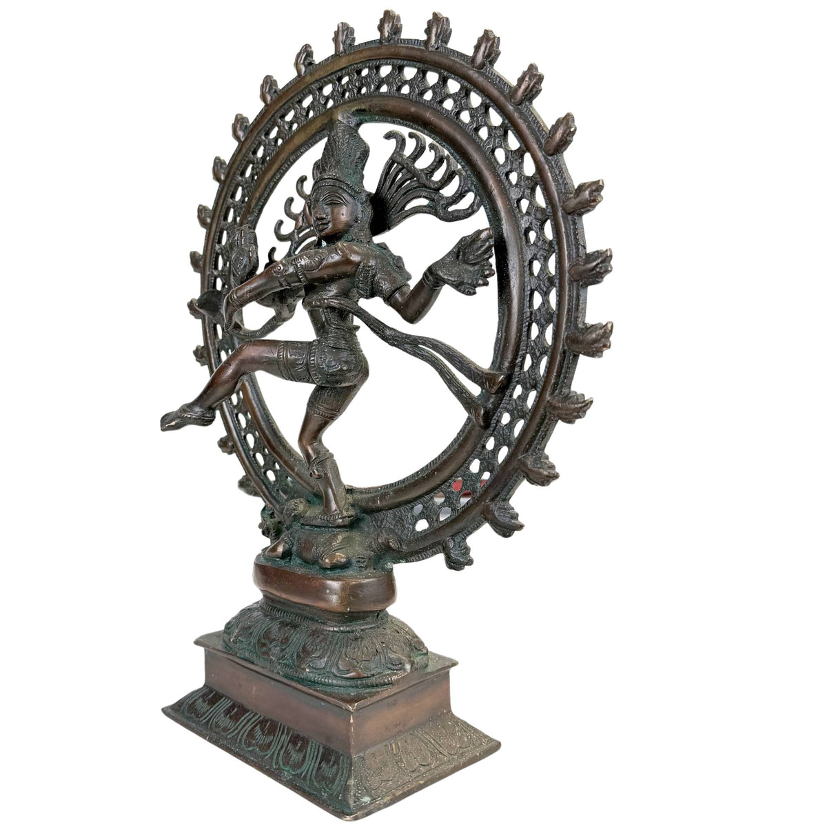 Shiva as a dancing god in bronze with a cosmic ring, aged patina and powerful Hindu temple radiance