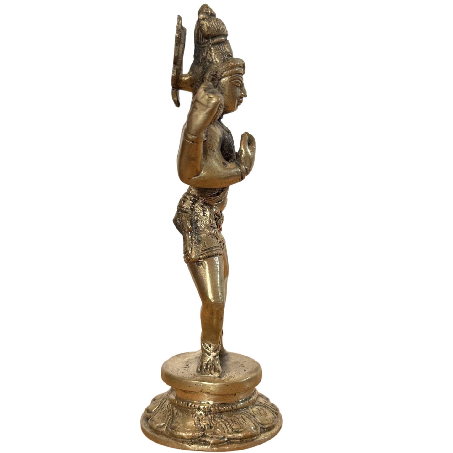 Linksprofil der Shiva-Statue, Fokus auf der Flamme und dem ausgestreckten Arm.