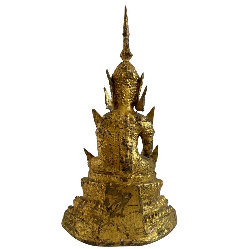 Siamesischer Bronze-Buddha in Bhumisparsha-Mudra mit dunkler Patina