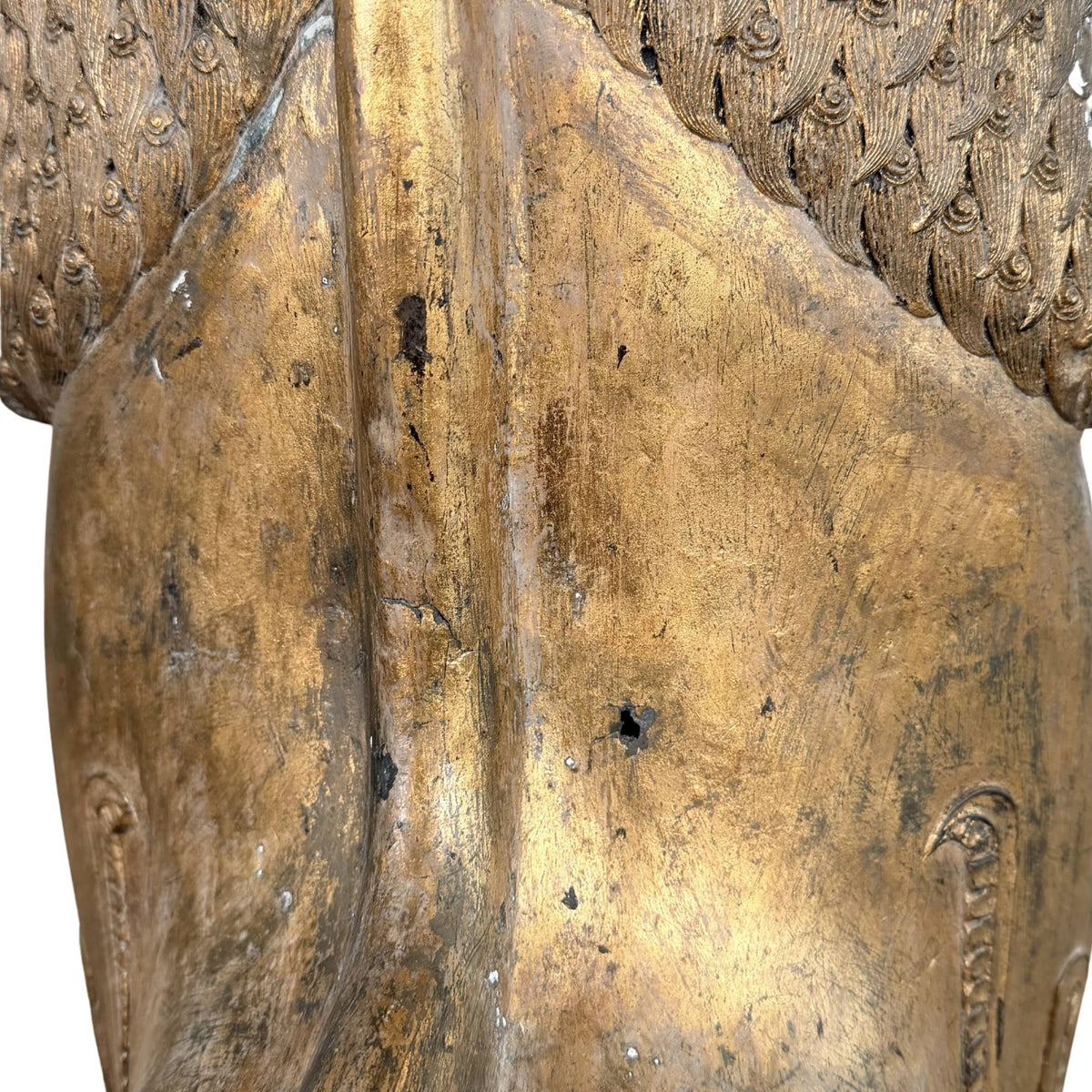 Siamese buddhistische Tempel‑Ohrring, antike vergoldete Singha mit kraftvoller ritueller Schutzsymbolik, 18. Jahrhundert, Löcher im Bronze