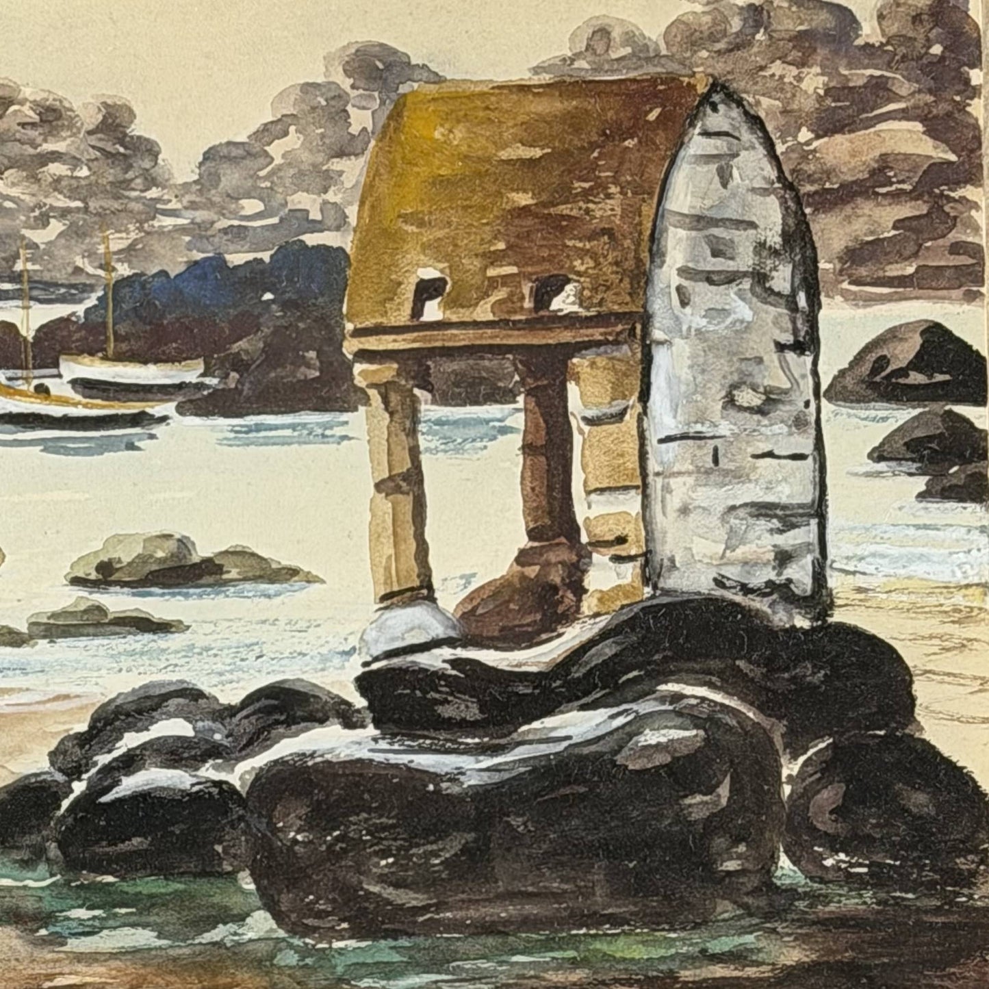 Nahaufnahme der Originalsignatur des französischen Malers R. Blossier und der Ortsangabe Ploumanac'h auf dem antiken Aquarell.