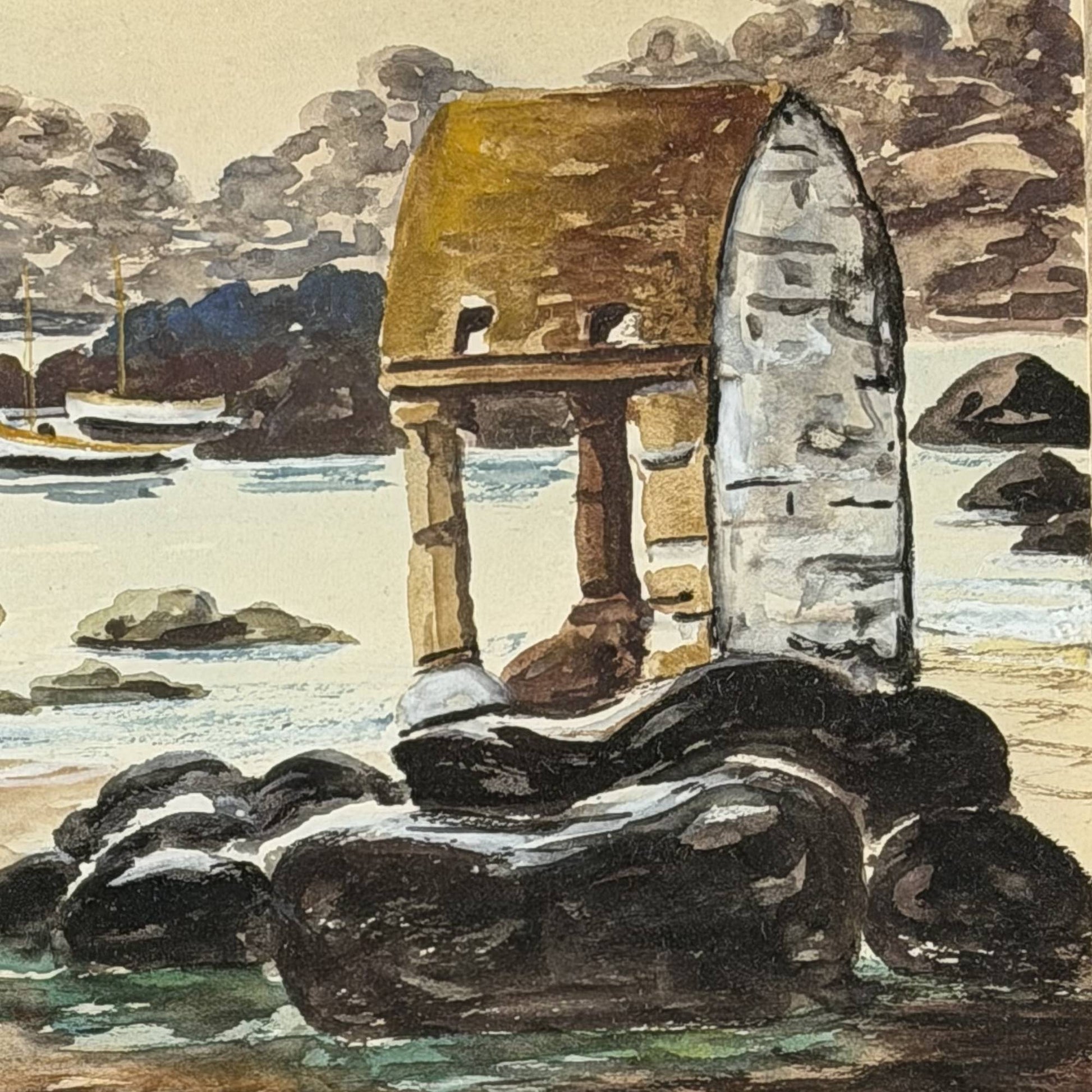 Nahaufnahme der Originalsignatur des französischen Malers R. Blossier und der Ortsangabe Ploumanac'h auf dem antiken Aquarell.