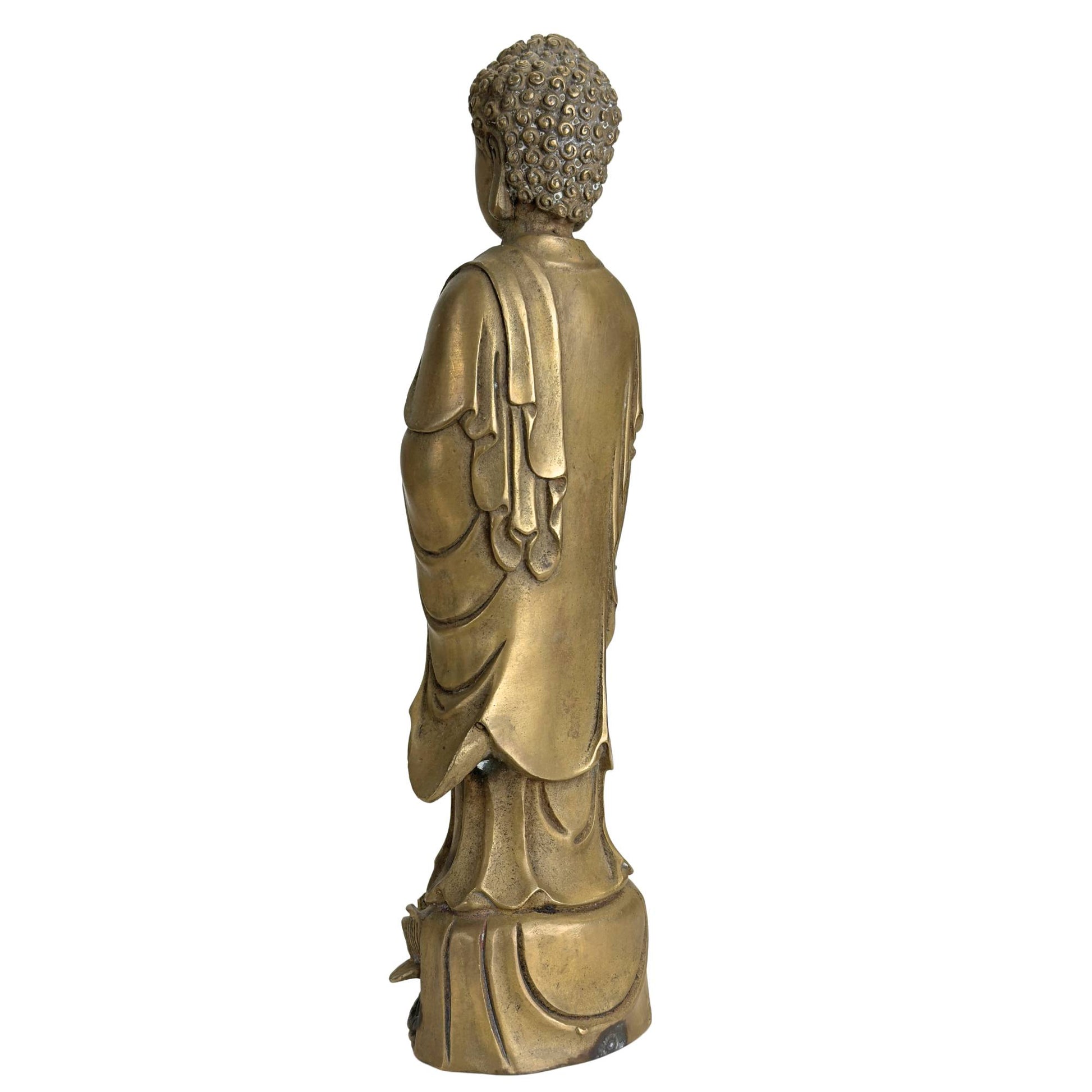 Sino-buddhistische Bronzestatue von Amida oder Amitabha mit Lotusknospe und friedvollem Gesichtsausdruck
