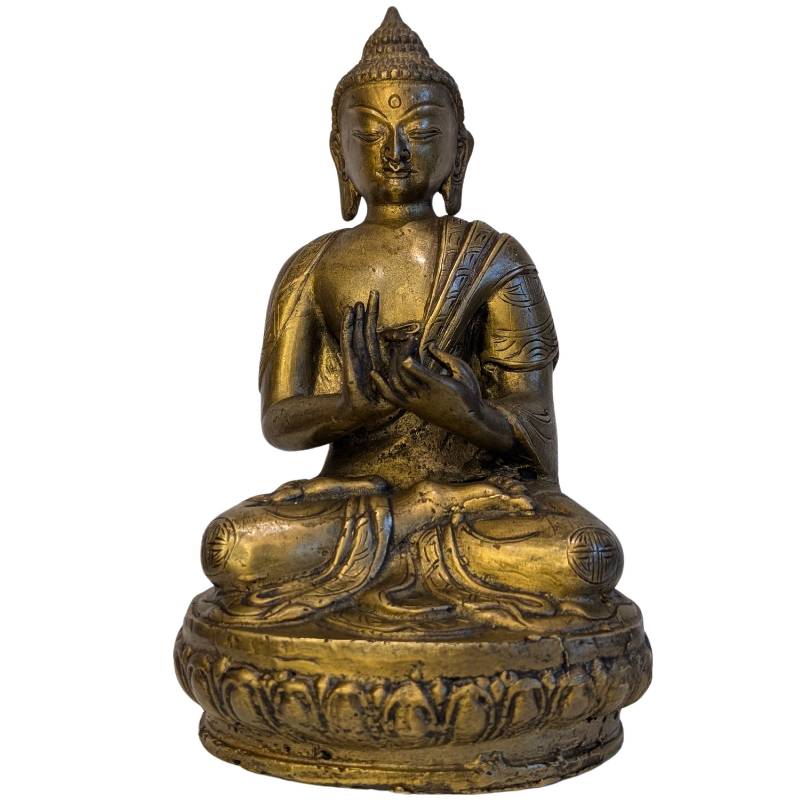 Sino-tibetische, feuervergoldete Buddha-Statue aus Bronze in Dharmachakra-Mudra