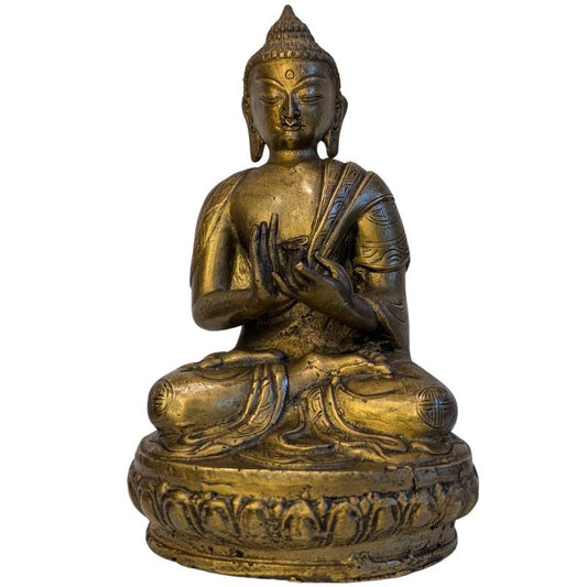 Sino-tibetische, feuervergoldete Buddha-Statue aus Bronze in Dharmachakra-Mudra