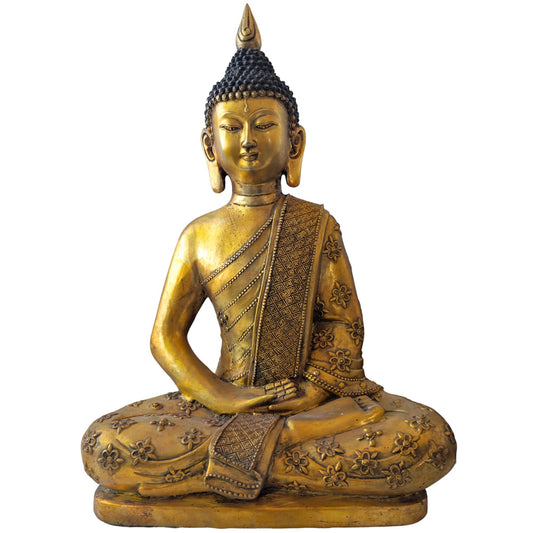 Bronzene sino-tibetische Buddha-Statue in der Dhyana-Mudra-Meditationshaltung mit einem reich verzierten Gewand.