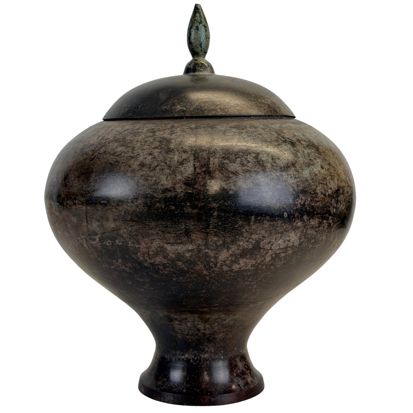 Indisches Bronze-Deckelgefäß B mit gewölbtem Deckel, Lotusknospenknauf und nuancierter Patina