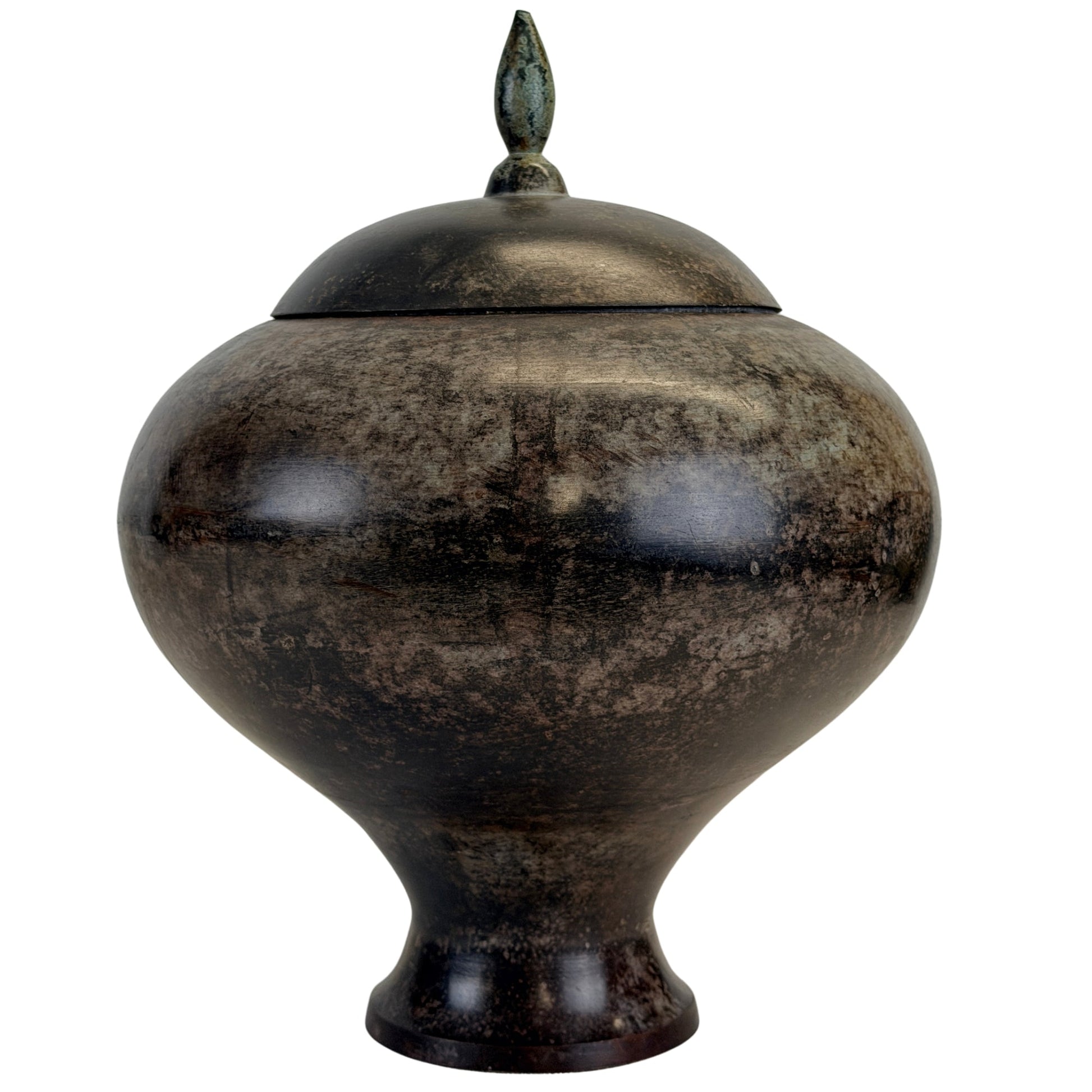 Indisches Bronze-Deckelgefäß B mit gewölbtem Deckel, Lotusknospenknauf und nuancierter Patina