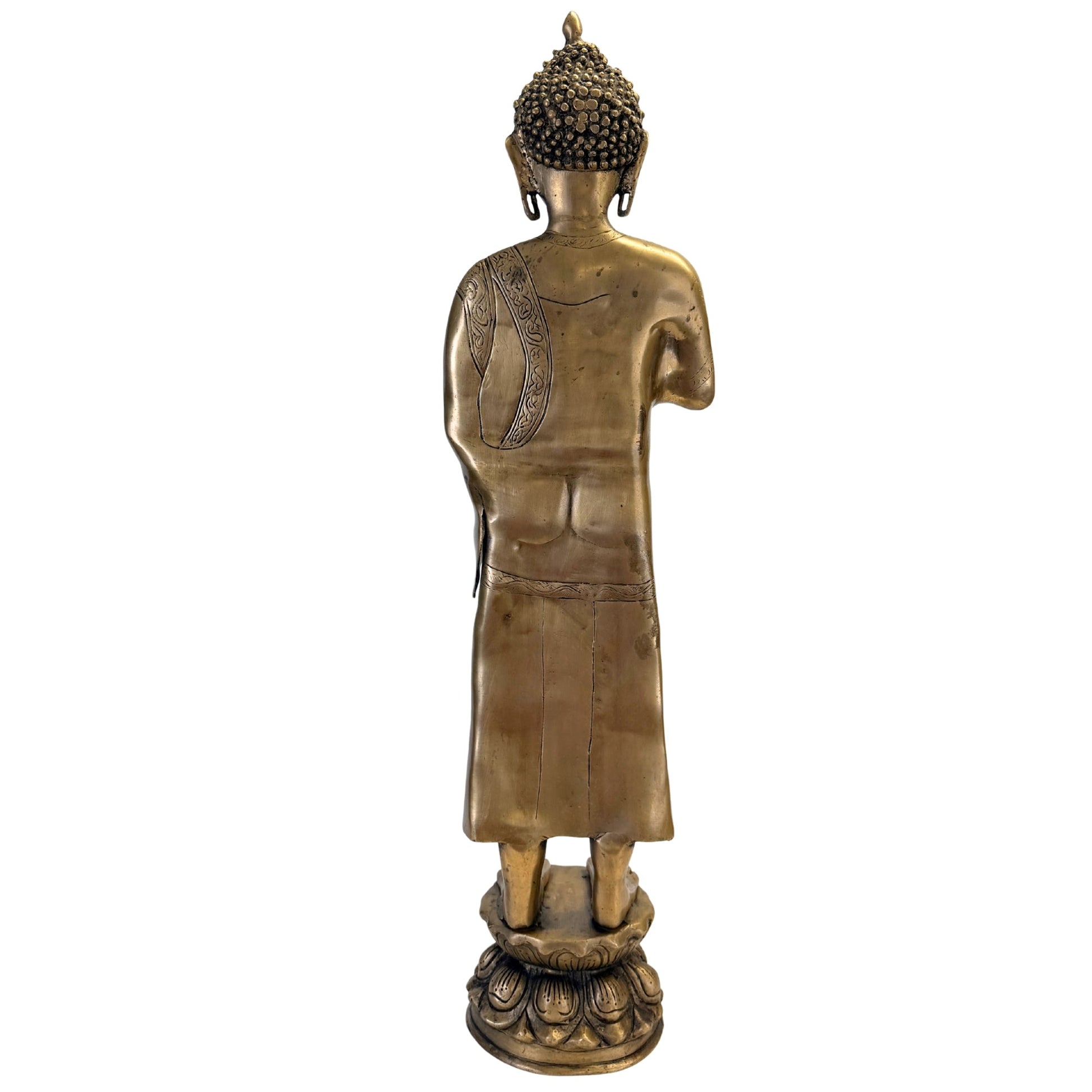 Stehender Bronze-Buddha, vollständige Rückansicht auf Lotossockel – SKU 736