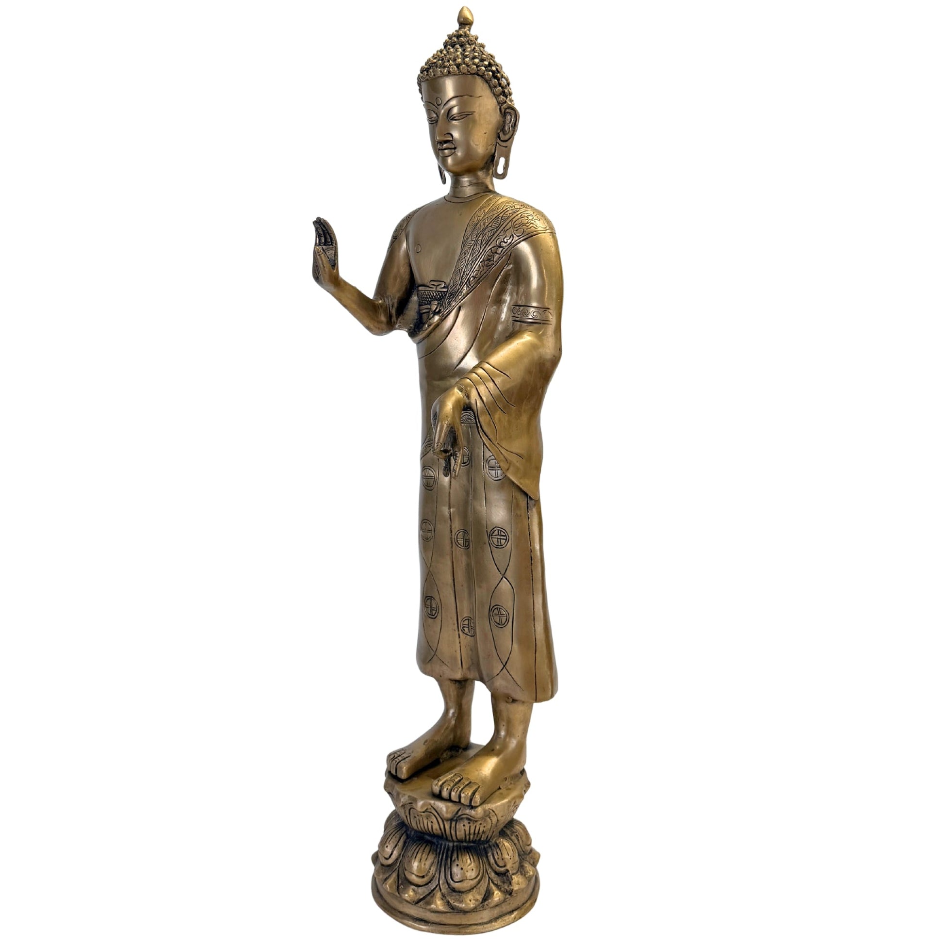Stehender Bronze-Buddha, Dreiviertel-Vorderansicht auf Lotossockel – SKU 736
