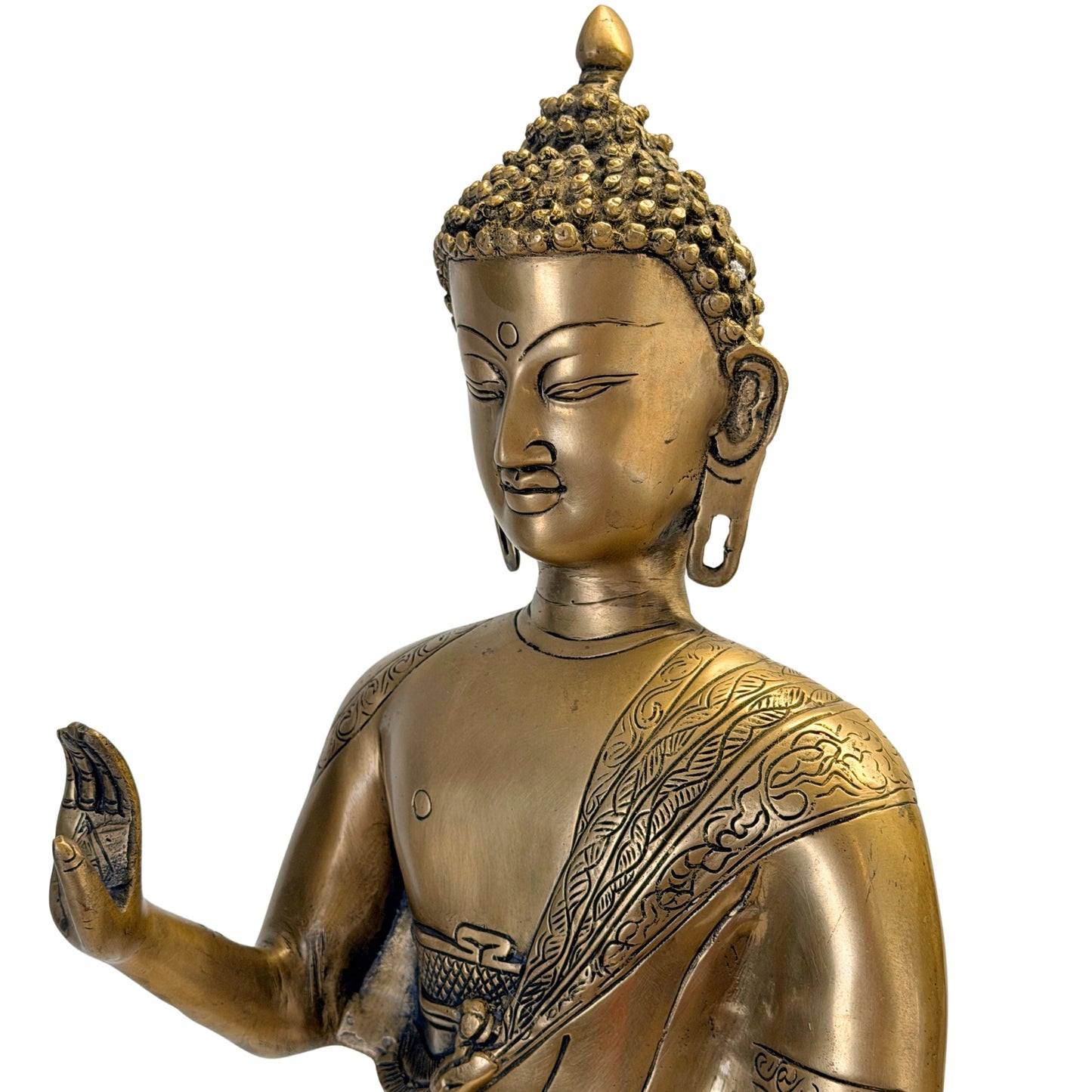 Nahaufnahme von Buddha-Gesicht, Lockenhaar und reich gravierter Gewandborte – SKU 736