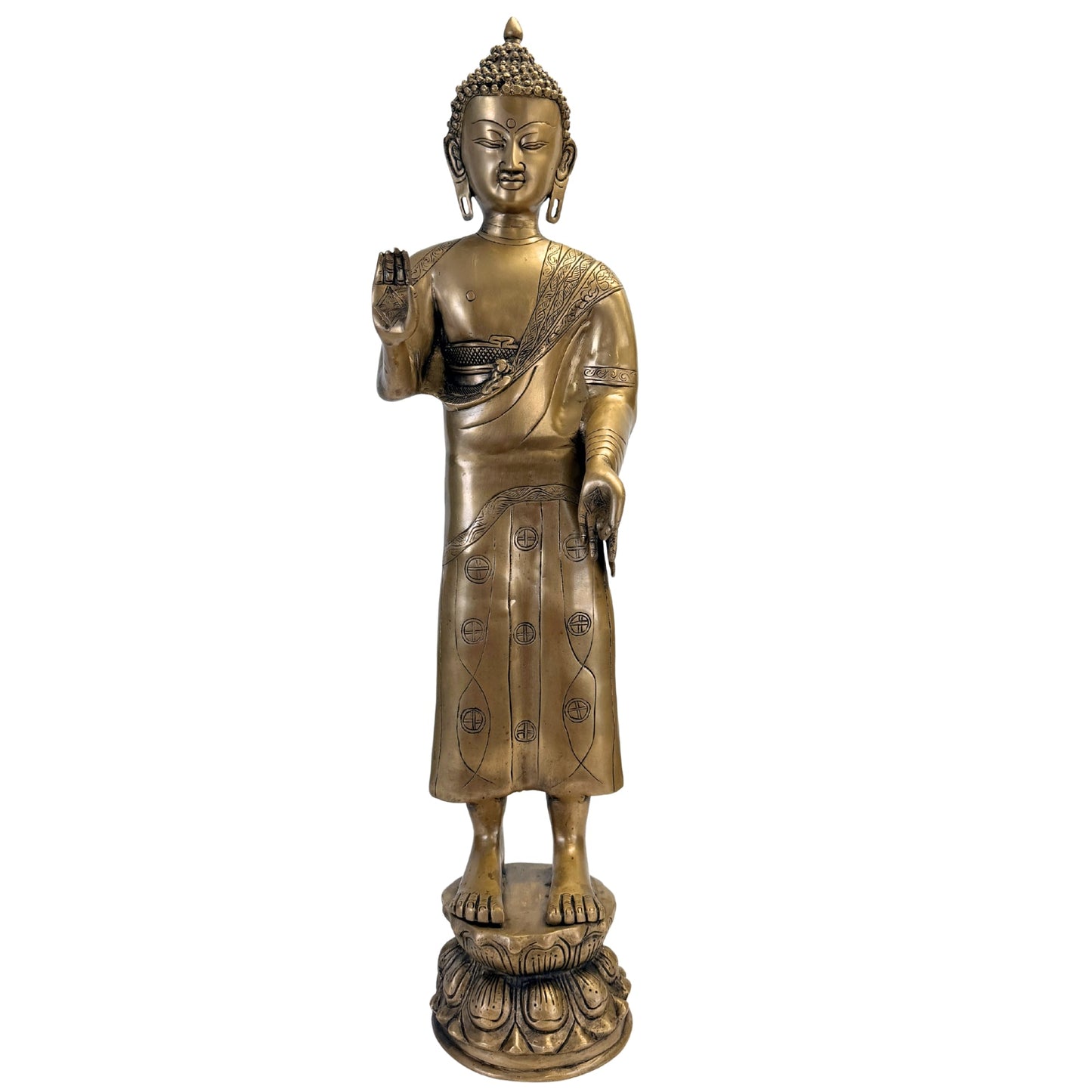 Stehender Bronze-Buddha auf Lotossockel, vollständige Vorderansicht – SKU 736