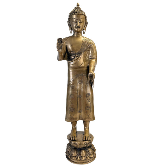 Stehender Bronze-Buddha auf Lotossockel, vollständige Vorderansicht – SKU 736