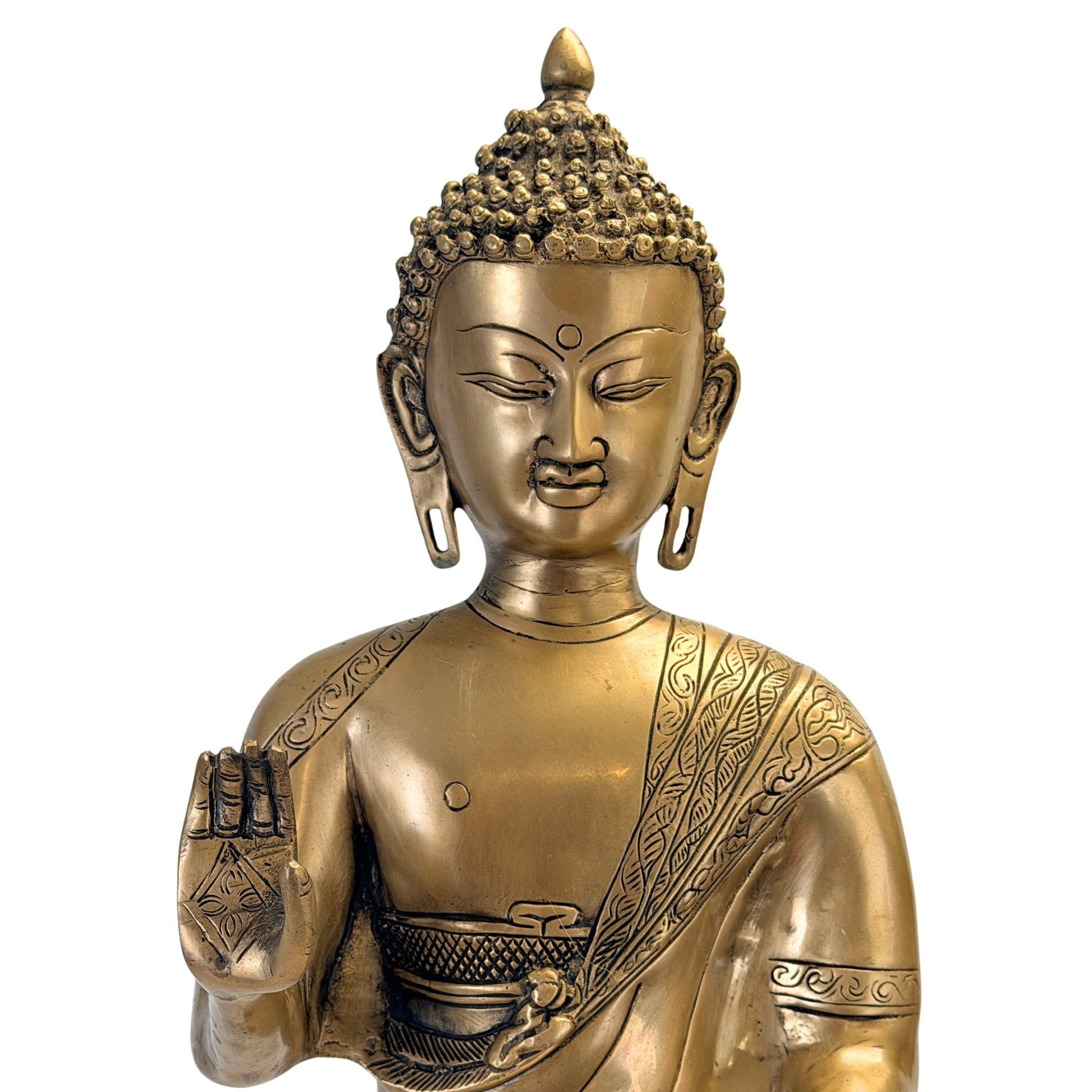 Nahaufnahme des gelassenen Buddha-Gesichts und der gravierten Handfläche – SKU 736