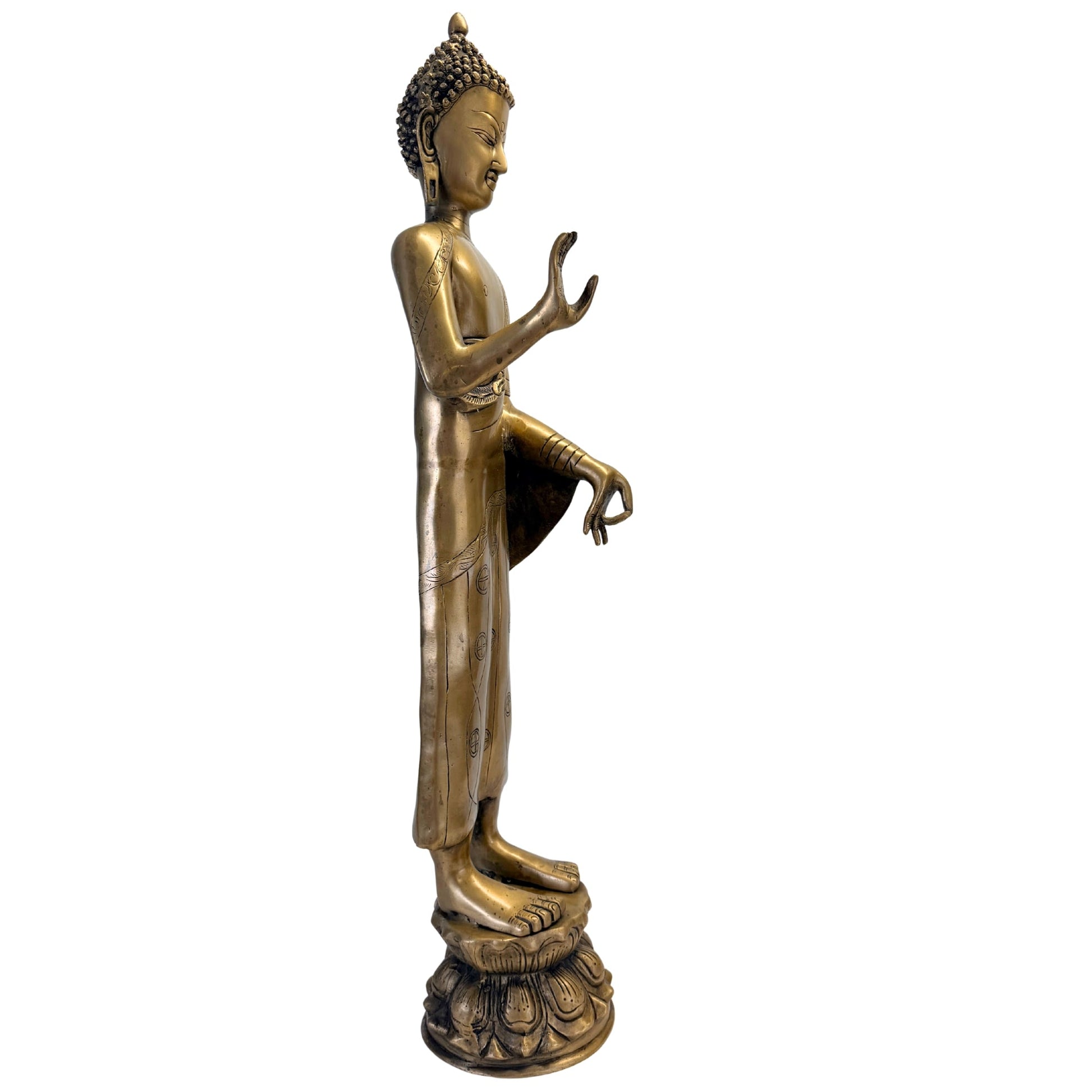 Stehender Bronze-Buddha in rechter Seitenansicht mit Handgesten – SKU 736