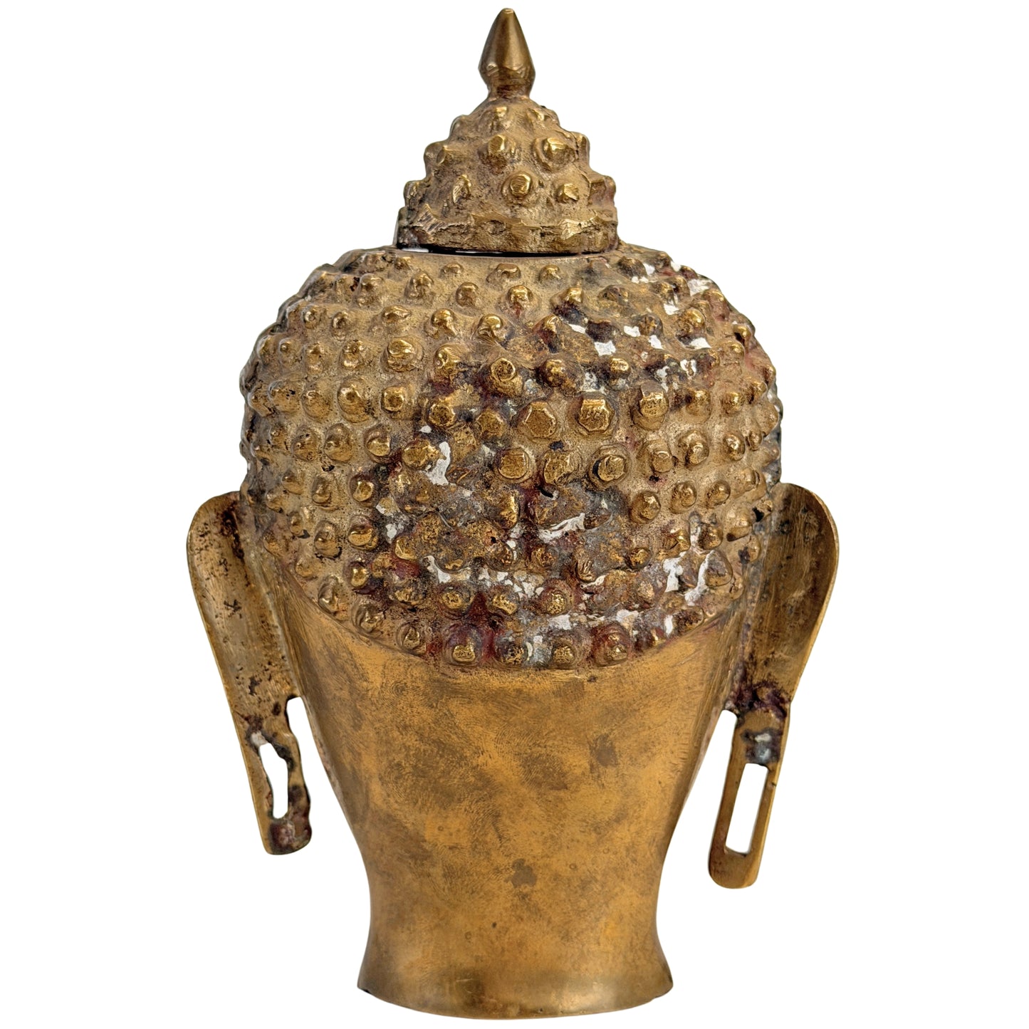 Gerade Rückansicht des bronzenen Buddhakopfes und der Ushnisha