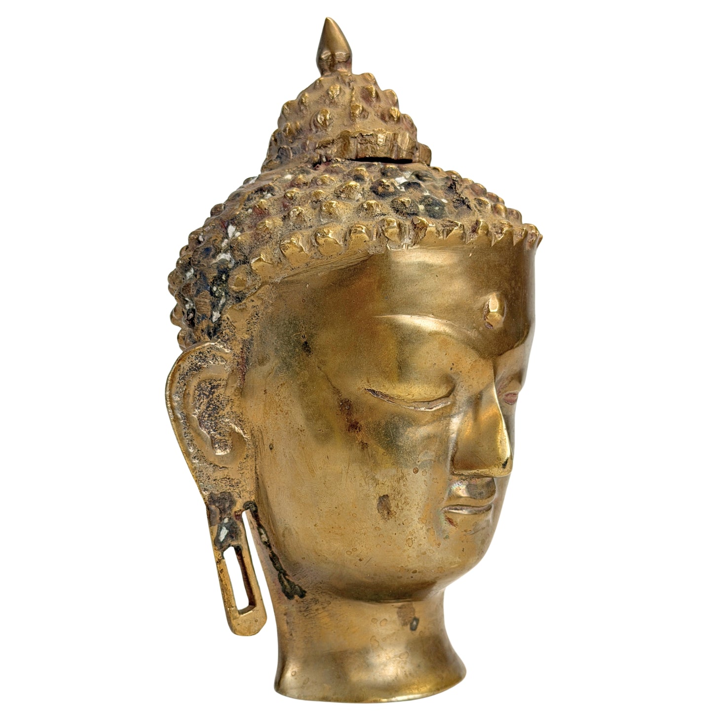Rechte Dreiviertelansicht des bronzenen Buddhakopfes