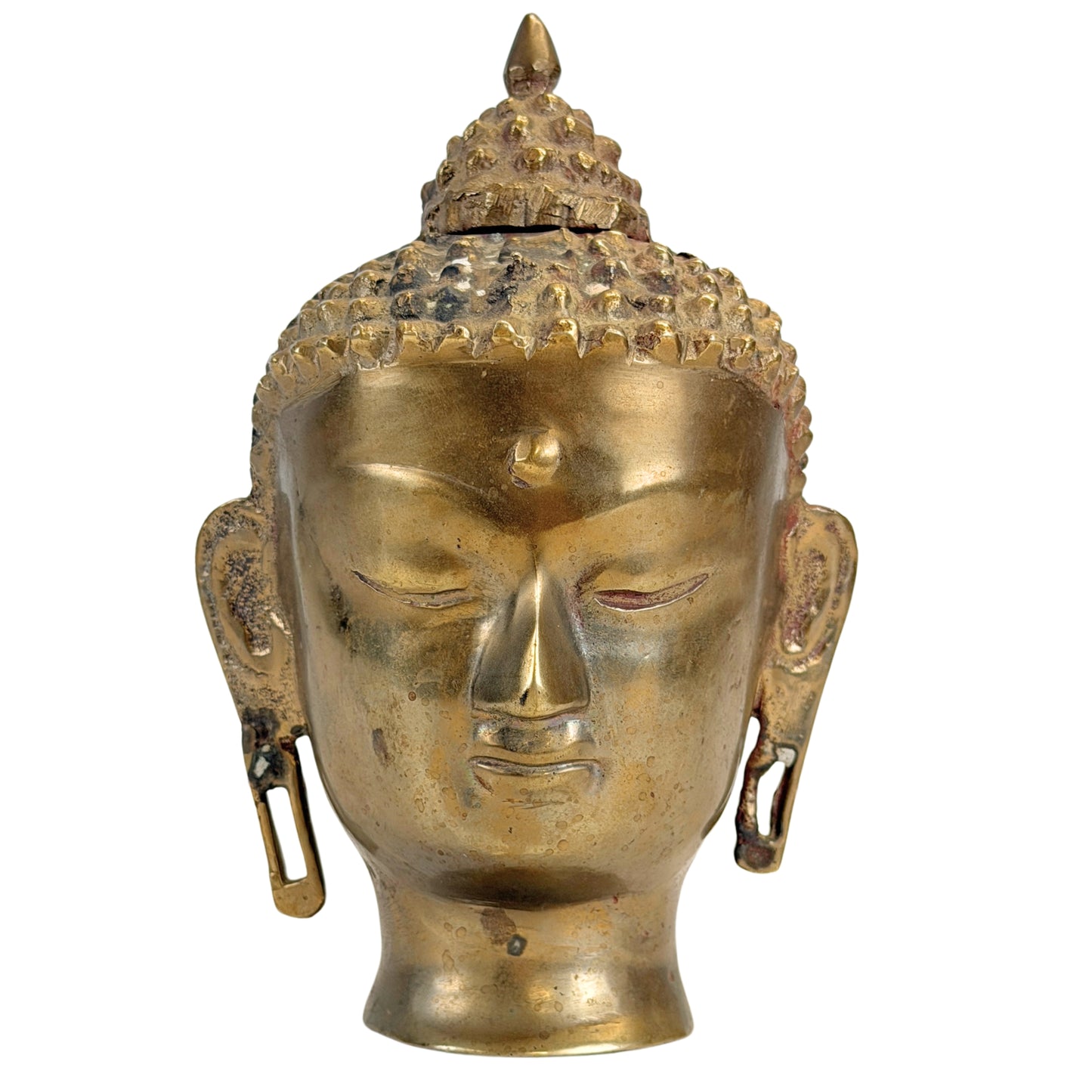 Frontalansicht des bronzenen Buddhakopfes mit ruhig geschlossenen Augen