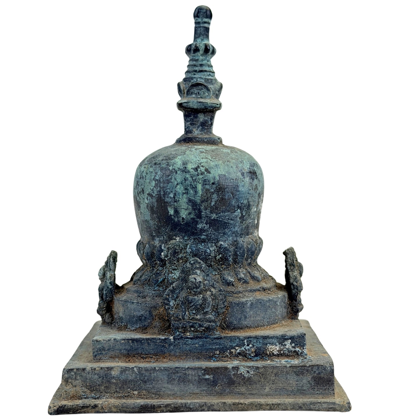 SKU 745 – Bronze-Pala-Votivstupa aus Ostindien, dritte Ansicht mit alter Patina