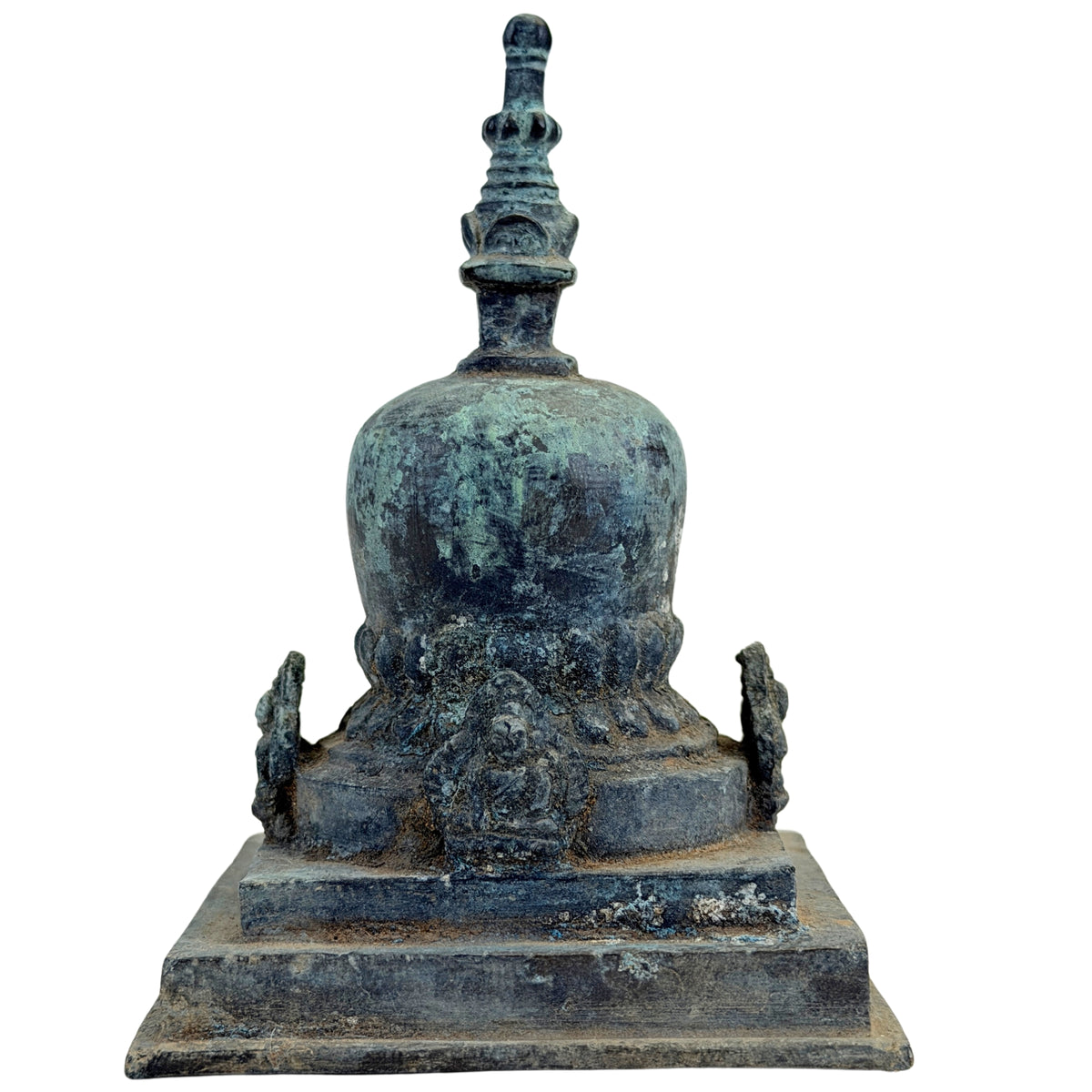 SKU 745 – Bronze-Pala-Votivstupa aus Ostindien, dritte Ansicht mit alter Patina
