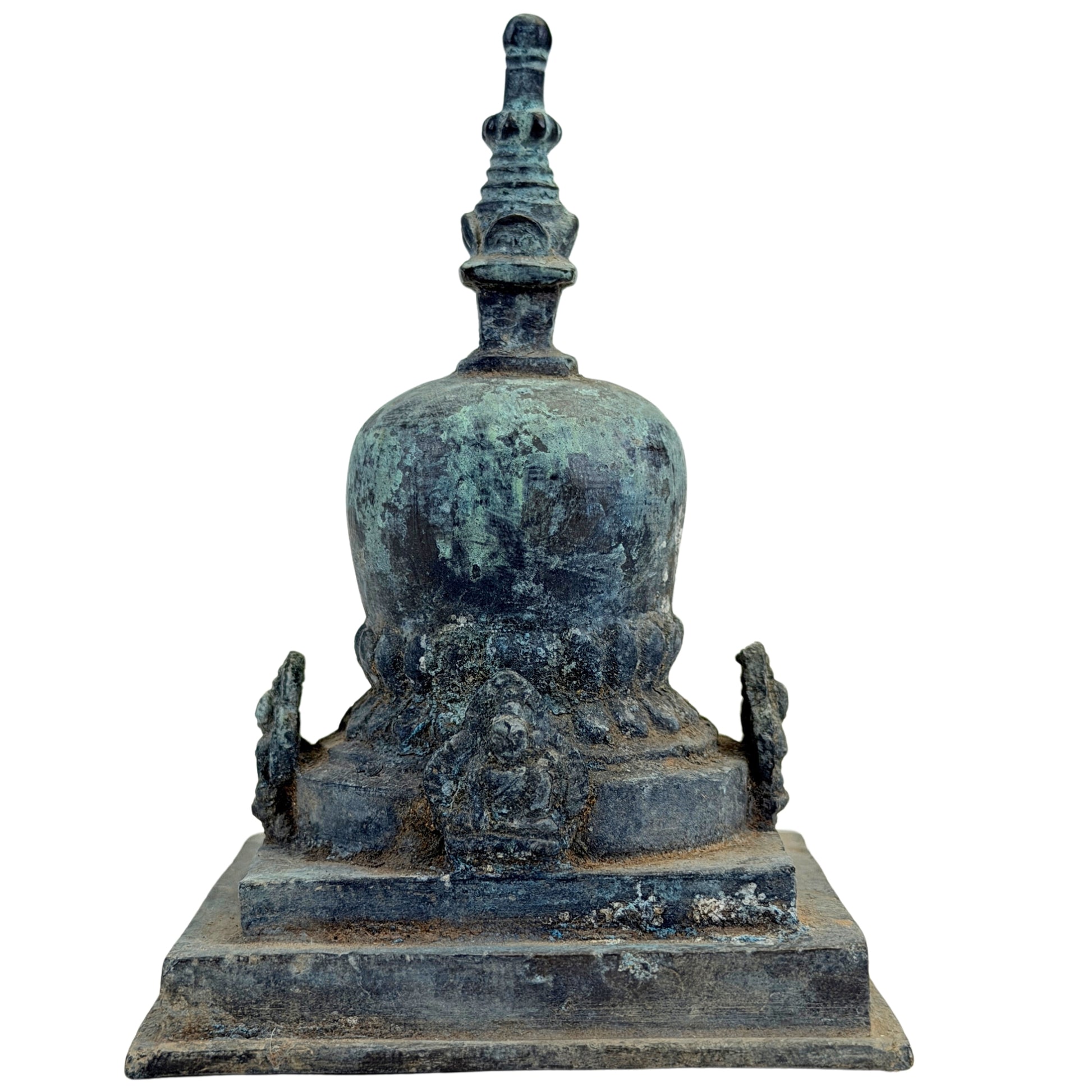 SKU 745 – Bronze-Pala-Votivstupa aus Ostindien, dritte Ansicht mit alter Patina