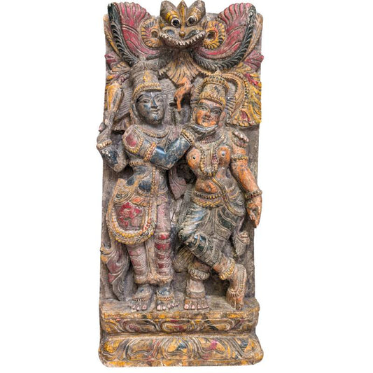 Südindische Tempeltafel, Vishnu Lakshmi, polychromes Relief aus Teakholz