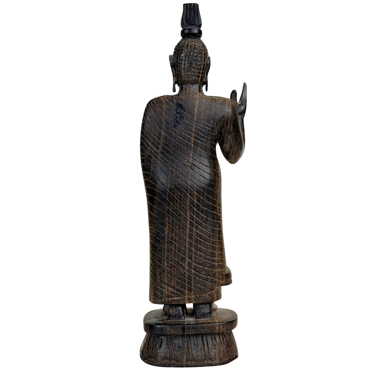 Dunkles Hartholz mit warmbraunem Abrieb an einer Buddhafigur aus Sri Lanka