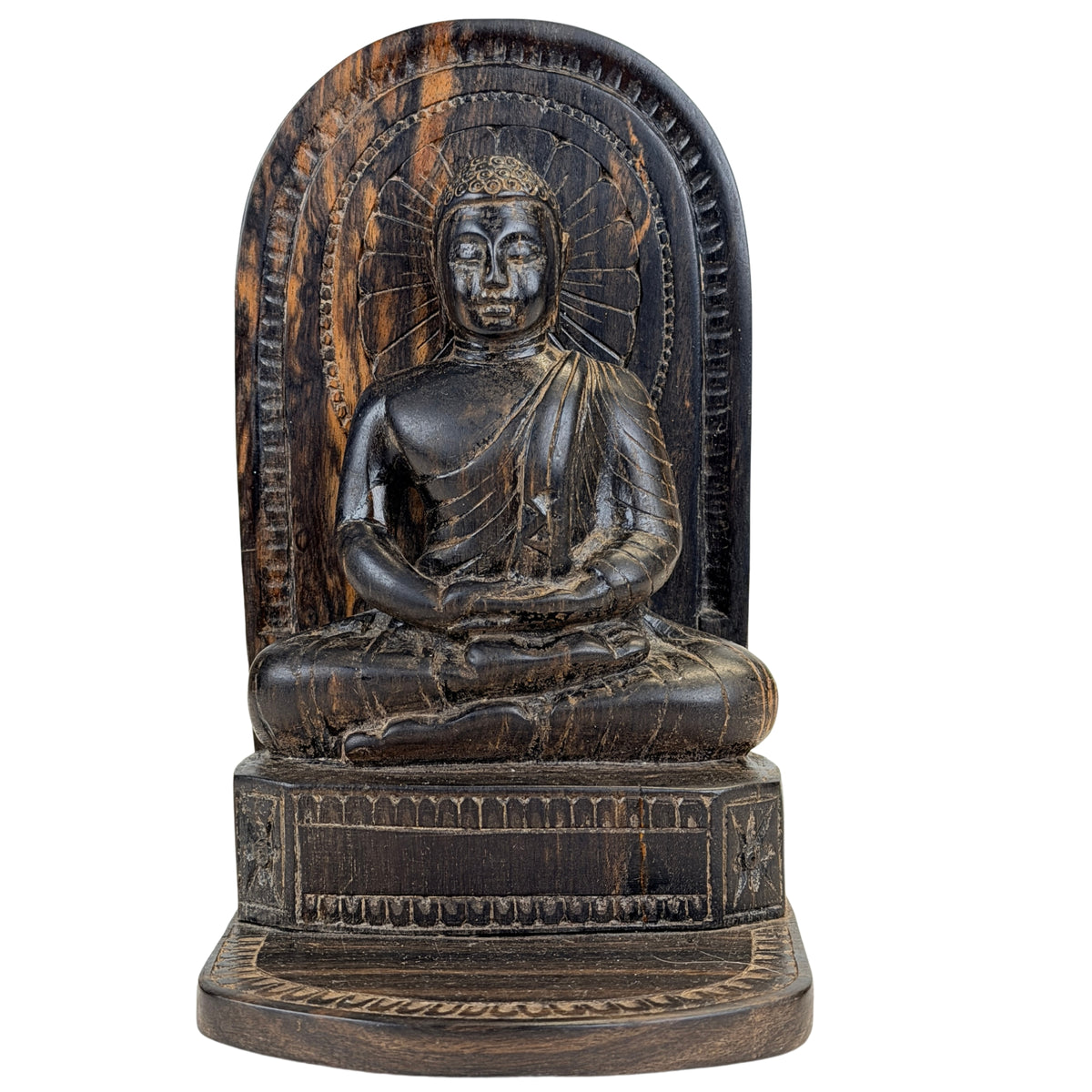 Ceylon-Calamander Buddha aus Sri Lanka mit eingeritztem Strahlenkranz