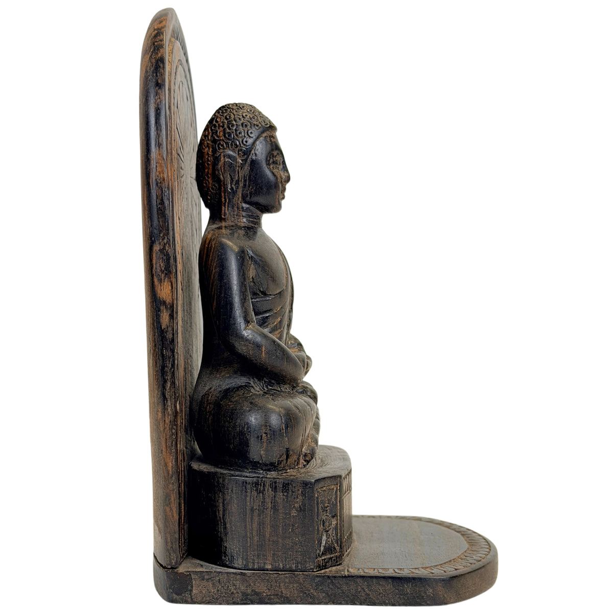 Dunkles Calamanderholz mit braun-goldener Maserung an einer Buddhafigur aus Ceylon