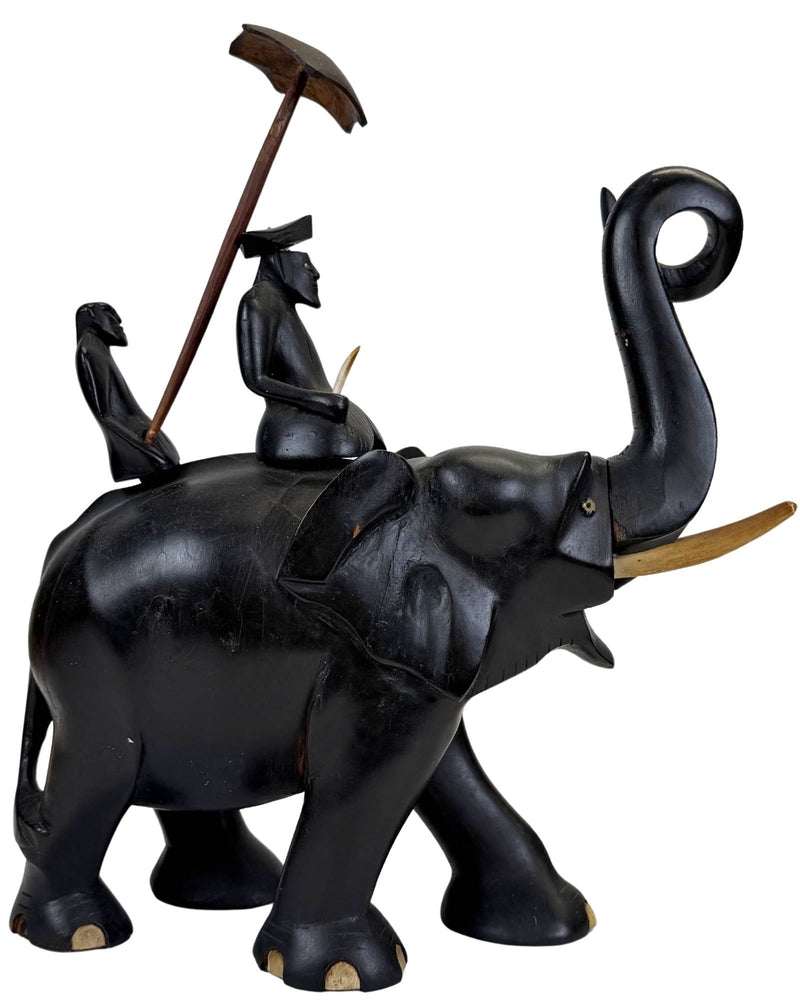 Koloniale Ebenholz-Elefantenskulptur mit Mahout – Handgeschnitzte asiatische Skulptur – 32 cm
