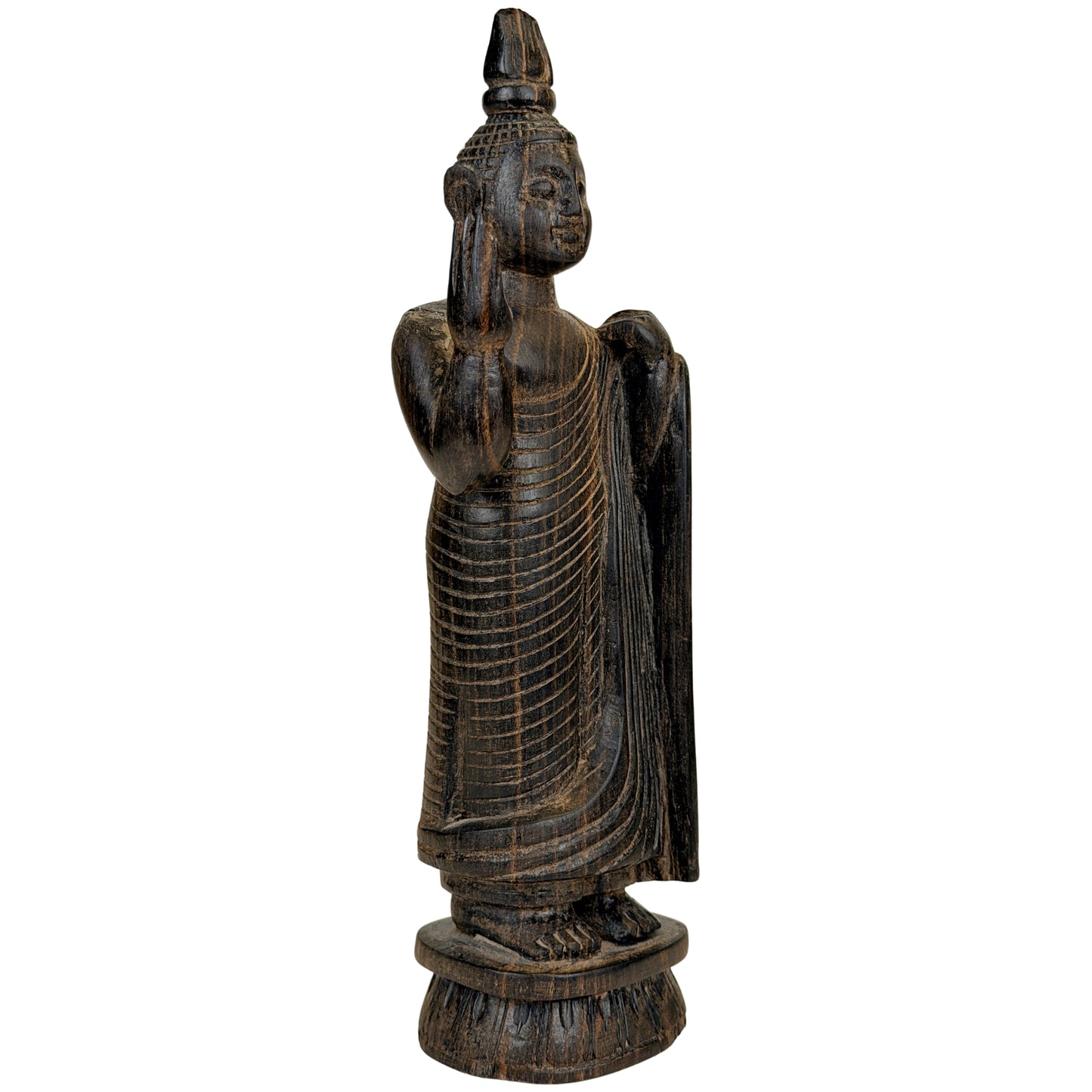 Dunkle Holzfigur des Buddha aus Ceylon mit Abhaya-Geste und Mönchsgewand